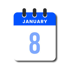 Blue flat January 8 calendar icon with minimalist vector design for planner UI or web.
