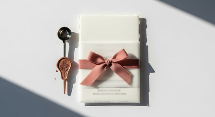 Elegant white package with pink bow and vintage wax seal spoon