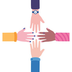 Diverse Hands Reaching Towards Center in Unity Symbolizing Teamwork and Collaboration Against White Background