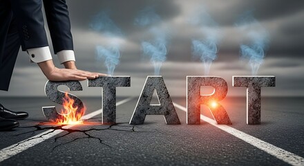 Bold business start with stone START text on cracked road, ready to ignite success and growth, a powerful visual for new beginnings and decisive action