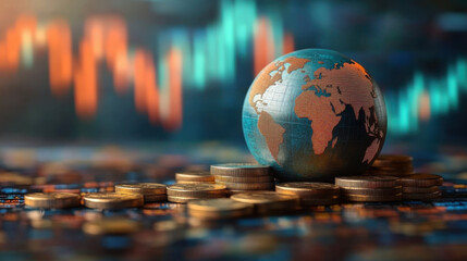 Globe and stack with coins. Money makes the world go round