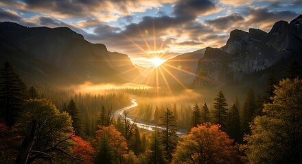 Dramatic sunrise over mountain range with river and vibrant autumn foliage