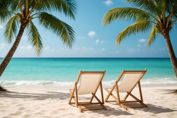 Obraz premium Tropical beach scene with two wooden chairs on soft white sand under palm trees, facing a calm turquoise sea. Perfect for travel, vacation, relaxation, summer holiday, and outdoor leisure.