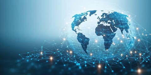 Futuristic blue digital globe with illuminated network nodes, interconnected mesh and grid lines over a glowing background conveying global connectivity and innovation