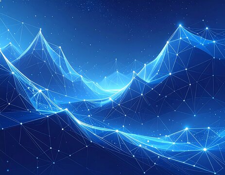 Abstract landscape luminous blue geometric peaks and valleys connected by lines against a darker gradient background - Powered by Adobe