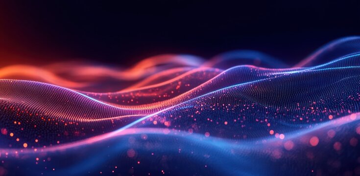 Glowing neon particle waves and dotted mesh undulating over a dark background in vibrant blue and pink, a mesmerizing futuristic and soothing digital landscape
