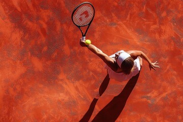 aerial view of a female tennis player in white serving a yellow ball on a sunlit red clay court, focused intensity and powerful motion with a long shadow