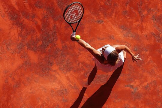 aerial view of a female tennis player in white serving a yellow ball on a sunlit red clay court, focused intensity and powerful motion with a long shadow