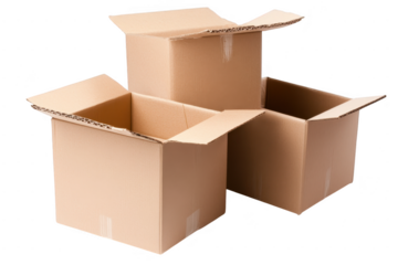 Three open cardboard boxes in various sizes arranged on a clean. white surface. their empty interiors. ideal for packaging. shipping. or storage purposes