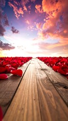 Wooden path leading through red petals towards a vibrant, sunset sky