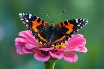 orange and black butterfly perched on a pink zinnia flower with open wings against a soft green bokeh background, evoking delicate calm and natural beauty