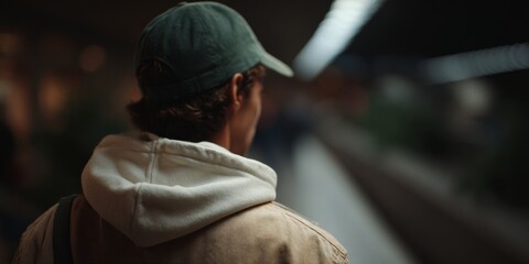 Young black man skateboarding in white tiled underground corridor wearing muted green cap, light beige overshirt and cream hoodie, casual urban streetwear with dynamic movement