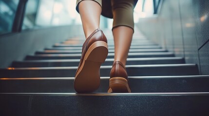 person in brown leather shoes and cropped pants climbing modern indoor stairs with a purposeful determined upward stride