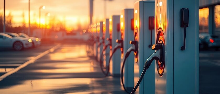 Row of electric vehicle charging stations in a parking lot at sunset, cables and plugs visible with parked cars and warm reflective light, evoking calm hopeful sustainable future