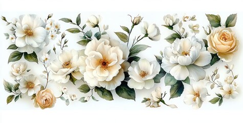 Delicate cream and white roses, buds and small blossoms with green leaves and stems in a soft tranquil watercolor floral arrangement conveying peaceful elegance