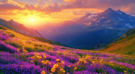 sunset over alpine meadow carpeted with purple and yellow wildflowers, snow-capped mountains and glowing clouds, peaceful and awe inspiring