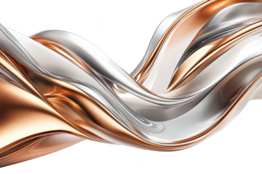 A dynamic composition of flowing metallic waves in shades of silver and copper. creating an abstract representation of movement and fluidity. suitable for modern design applications