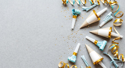 Festive party flat lay with golden and blue items and text area