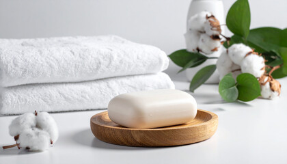Natural Soap Displayed on a Stone with Greenery in a Minimalist Setting, Featuring Soft Natural Light and a Tranquil Background