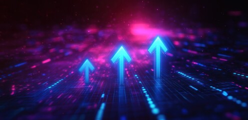 three glowing blue upward arrows rising from a neon digital grid with pink and purple lights, conveying momentum, growth and futuristic optimism