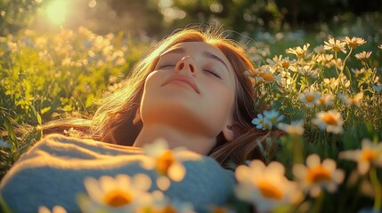 young person with long red hair lying in a daisy-filled meadow at golden hour, warm backlit sunlight and a relaxed peaceful dreamy mood
