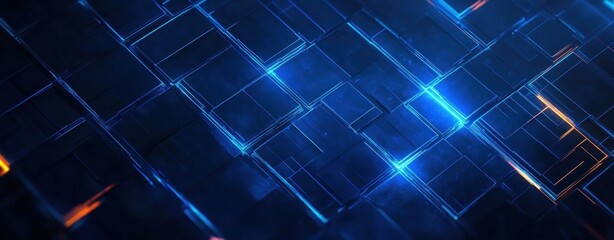 Layered translucent square panels forming a glowing blue neon grid with reflective glass edges and orange accents, evoking a sleek mysterious high-tech digital circuitry atmosphere