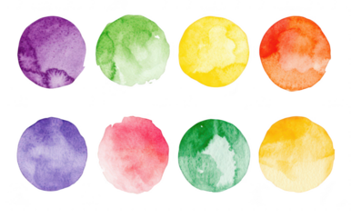 A arrangement of watercolor circles in various colors including purple. green. yellow. red. and pink. artistic fluidity and texture. perfect for backgrounds or design elements