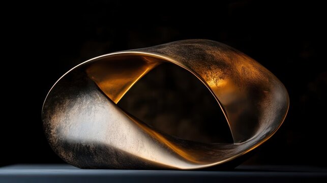 abstract twisted metallic ribbon sculpture with golden bronze patina on a dark background, elegant contemplative mood