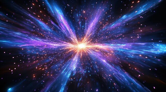 awe inspiring radiant cosmic explosion with a glowing central core and streaming purple and blue light rays surrounded by sparkling star particles