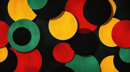 Overlapping colorful circles in red, yellow, green and black on a dark textured background with layered cutout shapes, playful and dynamic composition