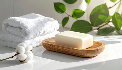Natural Soap Displayed on a Stone with Greenery in a Minimalist Setting, Featuring Soft Natural Light and a Tranquil Background