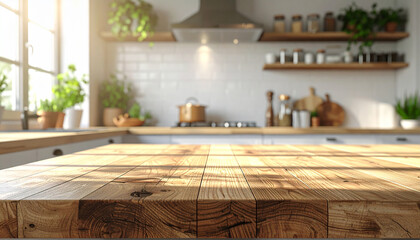 Empty wooden table and blurred background of modern kitchen product display montage
