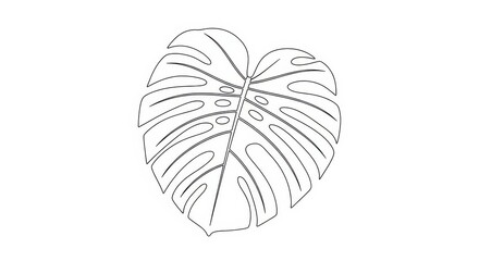 Outline drawing depicts a large, fenestrated tropical foliage shape centered on white background