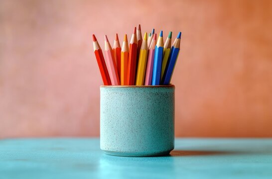 Vibrant colored pencils fanned in a speckled ceramic cup on a turquoise tabletop against a warm peach background, evoking a cheerful creative mood