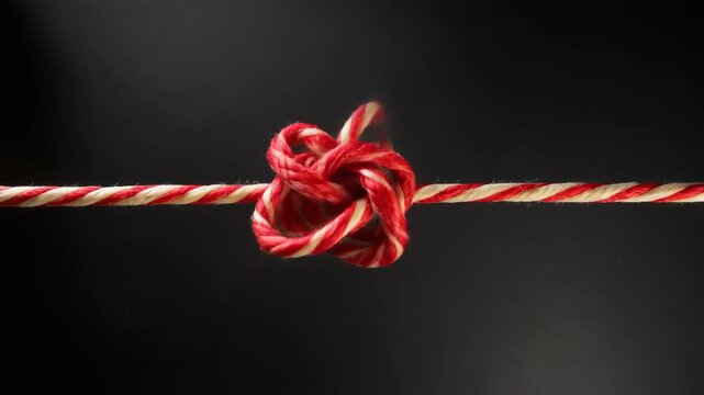 A close-up shot of a red and white striped string tied in a complex, intricate knot against a dark background.