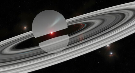 Saturns rings and a celestial body with a red core cosmic view.