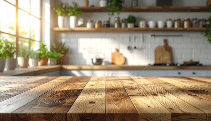 Empty wooden table and blurred background of modern kitchen product display montage
