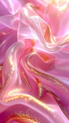 Abstract flowing soft pink fabric with gold accents, showcasing delicate folds and shimmers under a gentle light source