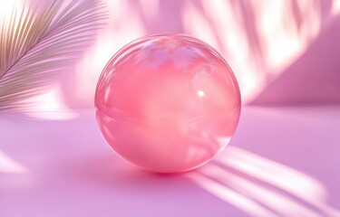 glossy pink sphere on pastel surface with palm frond and soft sunlit shadows, serene dreamy tropical still life