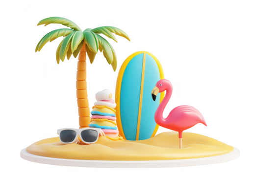 A summer scene featuring a colorful flamingo. a surfboard. a palm tree. and a stack of ice cream cones on a sandy beach. evoking a sense of fun and relaxation in a tropical setting