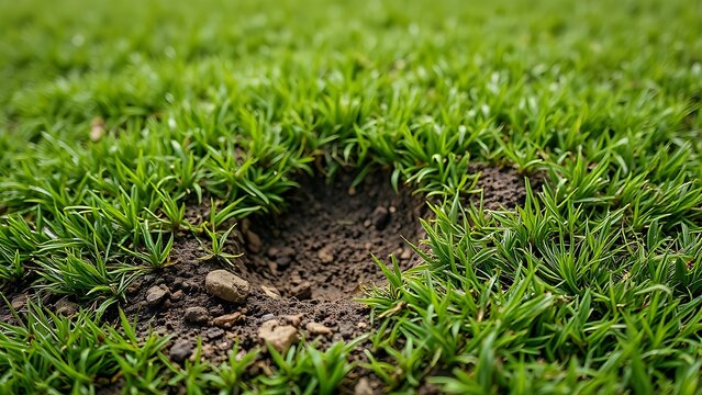 spodumene. Small depression in lawn with scattered soil fragments and textured ground. real-estate listings, architecture portfolios, designed for real-estate listing and luxury residence showcases.