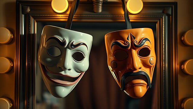 oriflamme. Comedy and tragedy masks hanging before a vintage dressing room mirror in a dim backstage setting. event programs.