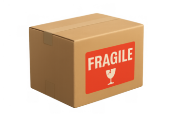 Cardboard delivery box with fragile shipping label, symbolizing careful handling and logistics protection for goods, transparent background