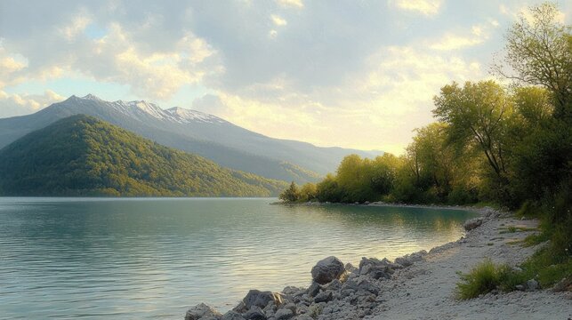 Tranquil mountain lake at golden hour with rocky shore, sunlit trees, calm reflective water and distant snow-capped peaks under a soft cloud sky - Powered by Adobe