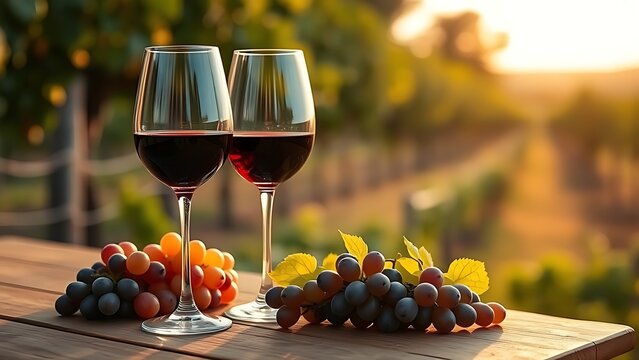 oenology. An elegant wine tasting arrangement with glasses and grapes against a vineyard backdrop. bar promotions, beverage menus, designed for product packaging and bar promotions.