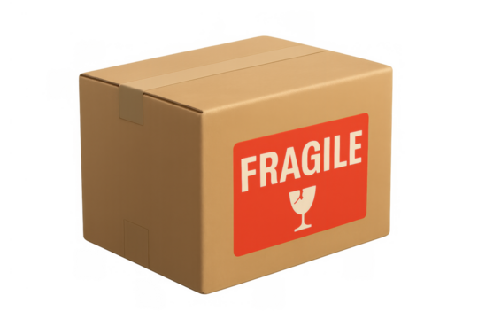 Cardboard delivery box with fragile shipping label, symbolizing careful handling and logistics protection for goods, transparent background
