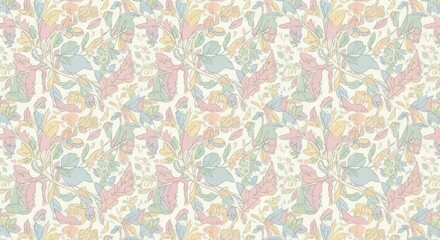 Delicate springtime botanical pattern repeats with pastel colored foliage and blooms