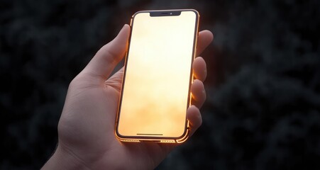 Hand holding a modern smartphone with a glowing warm golden blank screen and illuminated edges against a dark blurred background, conveying warmth and quiet anticipation