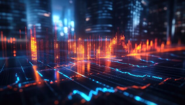 futuristic glowing financial data cityscape of orange vertical bars and blue line graphs on a reflective digital grid, energetic high-tech atmosphere