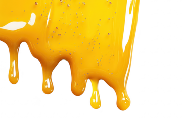 Vivid yellow paint dripping gracefully against a clean white background. the texture and glossiness of the paint. ideal for artistic or design projects